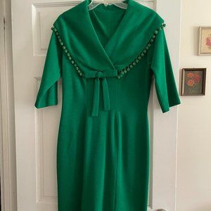 Vintage Green Dress Wool with Pom Poms Size 16